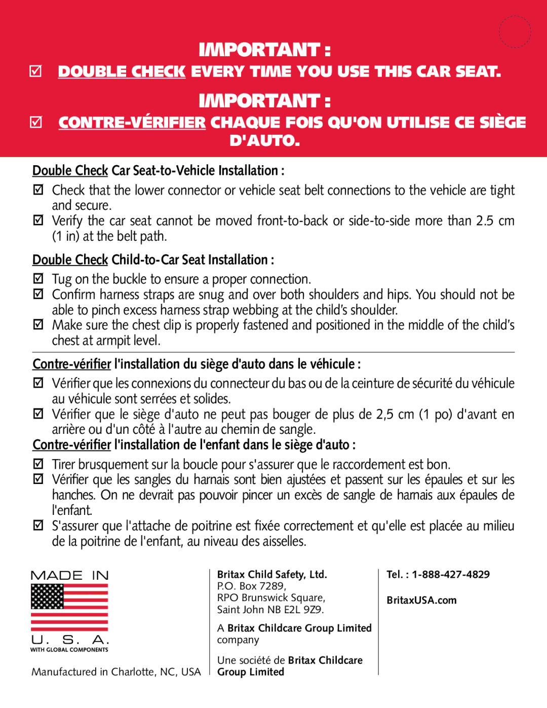 Britax Child Seat manual Important  